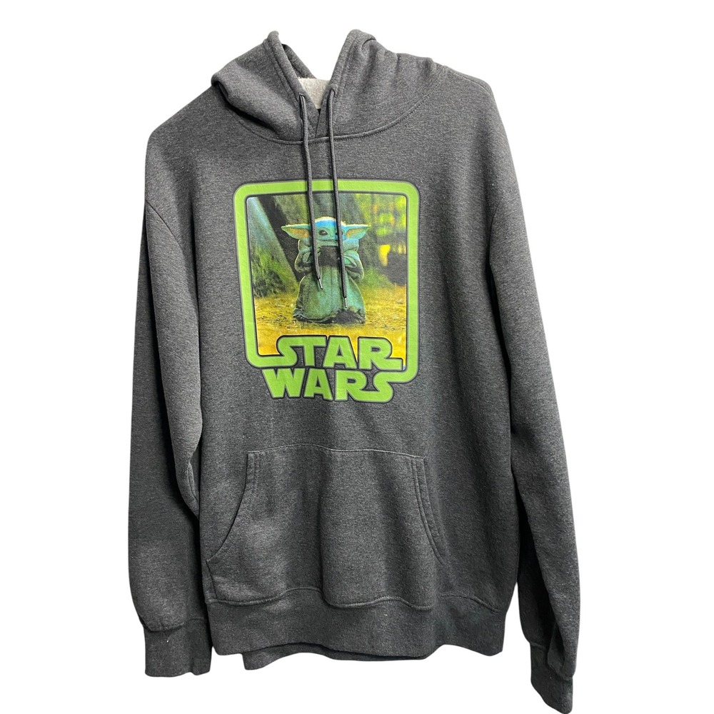 Star Wars The Mandalorian Grogu Baby Yoda Hoodie Mens Large Gray Fleece Pullover
